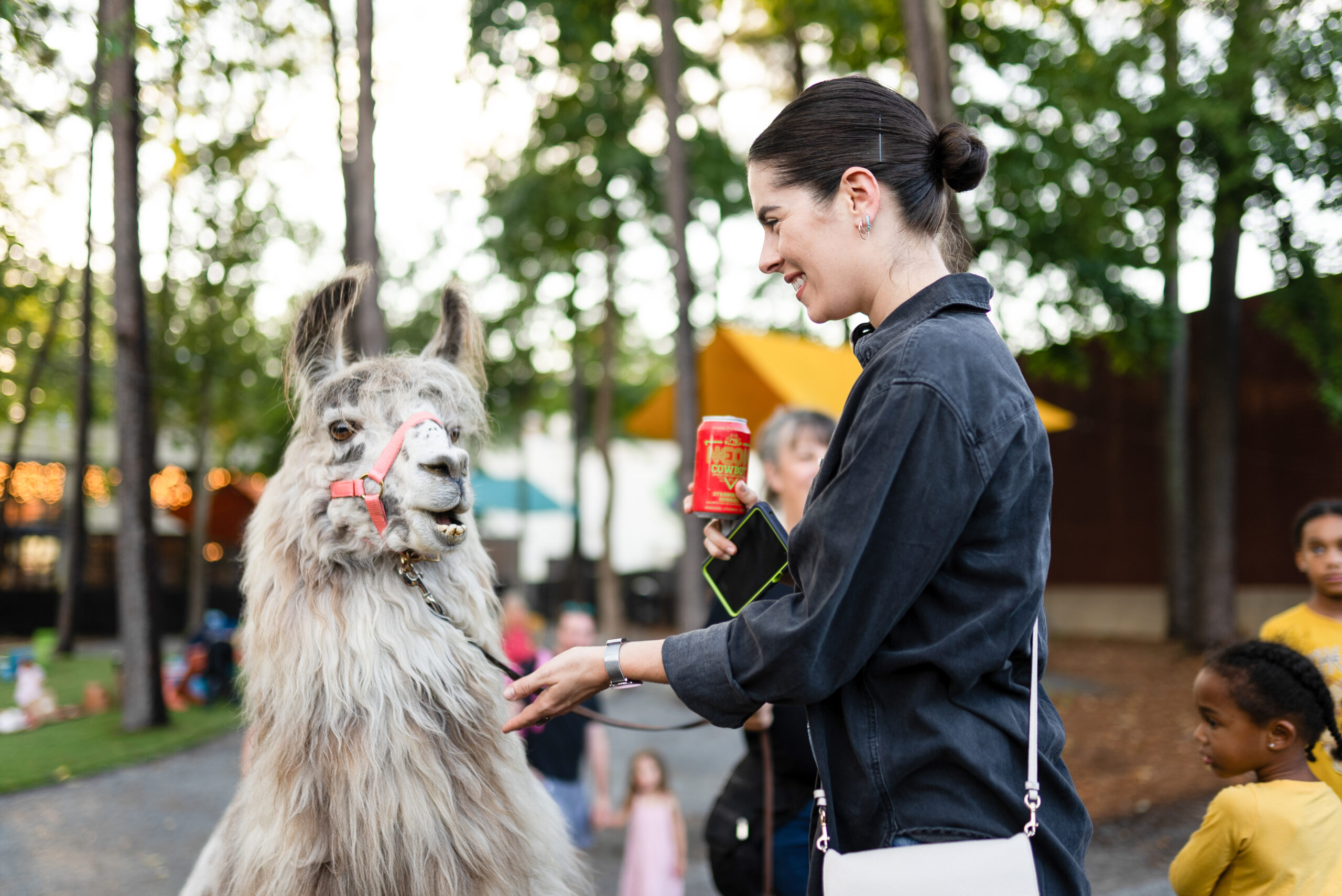 girl and llama in the camp